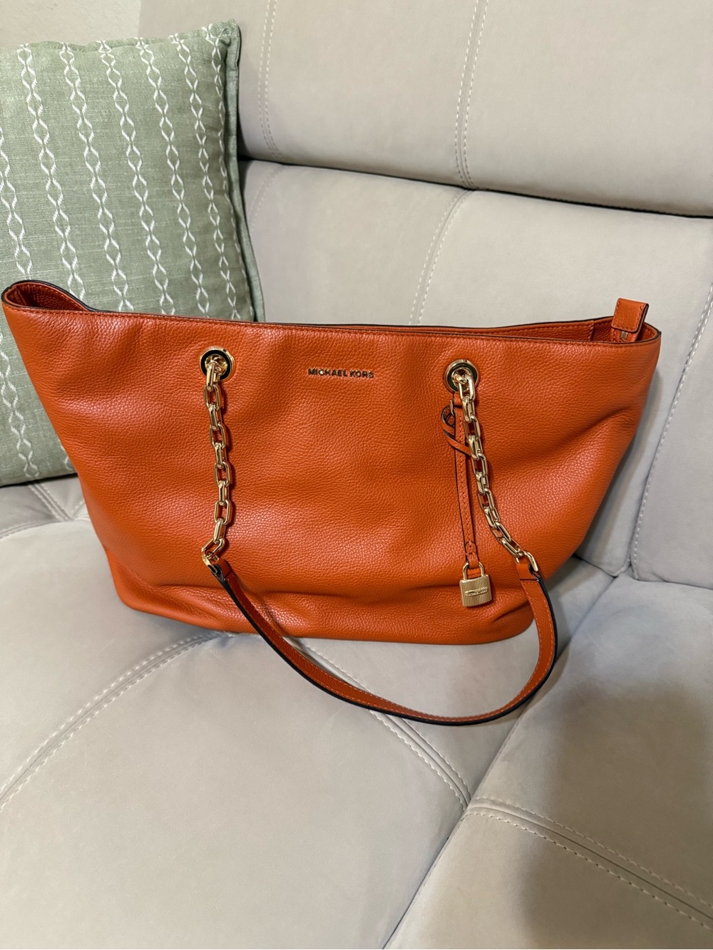 Michael Kors Orange Pebbled Leather Chain-Handle Tote